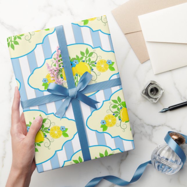 Summery Blue and Yellow Lemons Floral Pattern Wrapping Paper (Gifting)