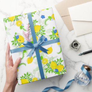 Summery Blue and Yellow Lemons Floral Pattern Wrapping Paper