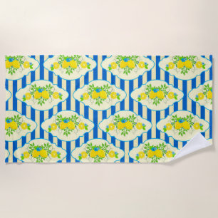 Summery Blue Stripes & Lemons and Leaves Pattern Beach Towel