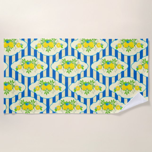 Summery Blue Stripes & Lemons and Leaves Pattern Beach Towel (Front)