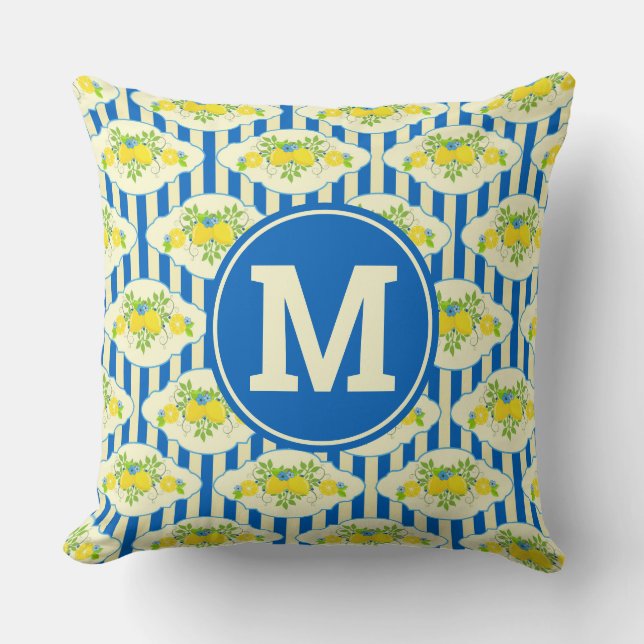 Summery Blue Stripes & Lemons and Leaves Pattern Cushion (Front)