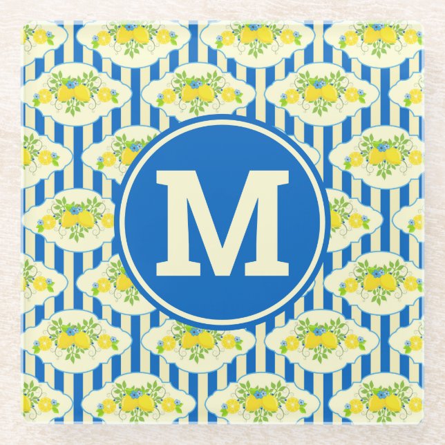 Summery Blue Stripes & Lemons and Leaves Pattern Glass Coaster (Front)