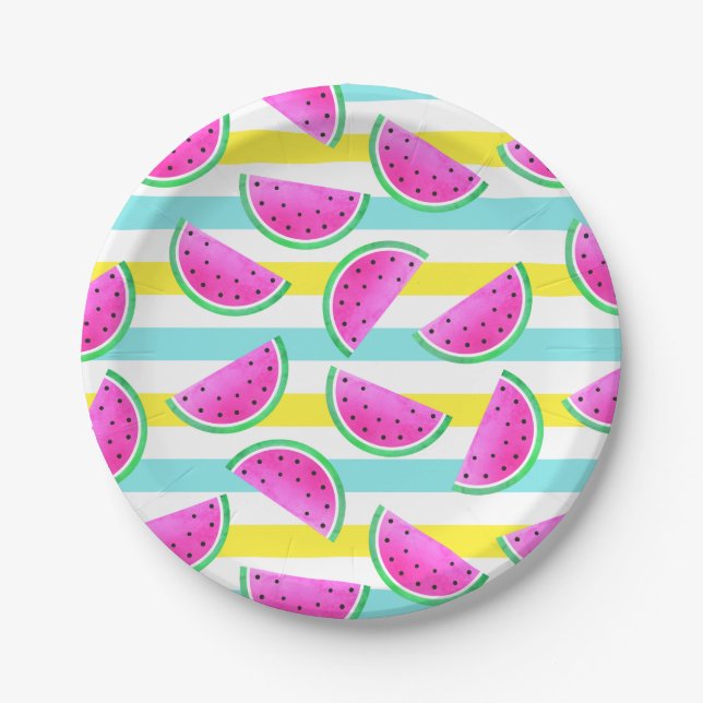 Summery Colourful Striped Watermelons Pattern Paper Plate (Front)