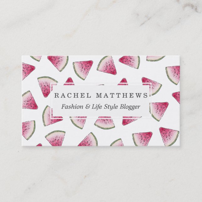 Summery Cute Watercolor Watermelon Slices Pattern Business Card (Front)