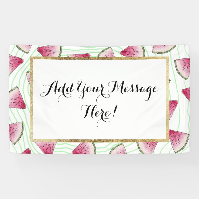 Summery Cute Watercolor Watermelons on Green Swirl Banner (Horizontal)