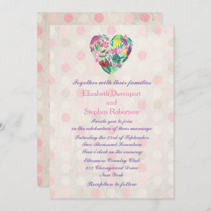 Summery Floral Heart in Pink and Green Wedding Invitation