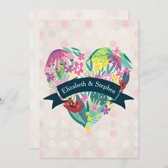 Summery Floral Heart with Ribbon Wedding Invitation (Front/Back)