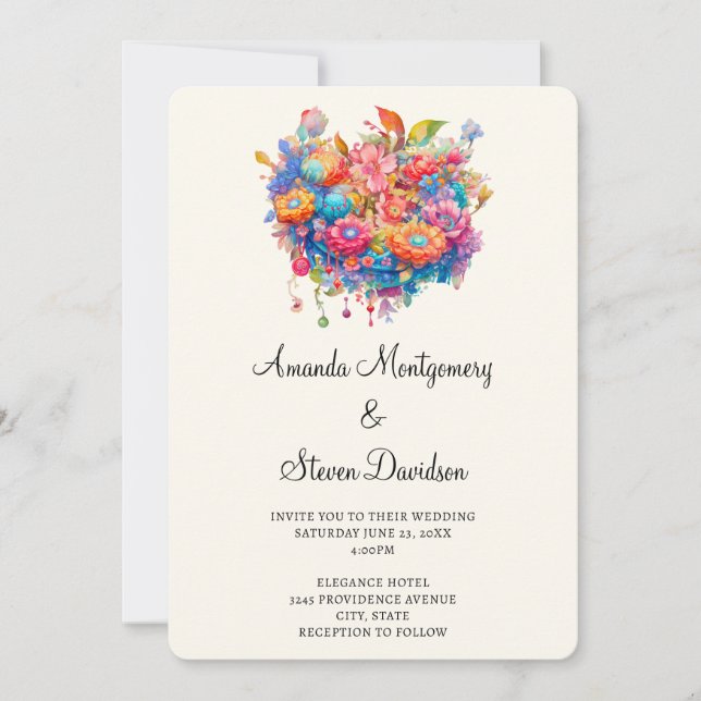 Summery Flower Bouquet Whimsical Boho Wedding Invitation (Front)