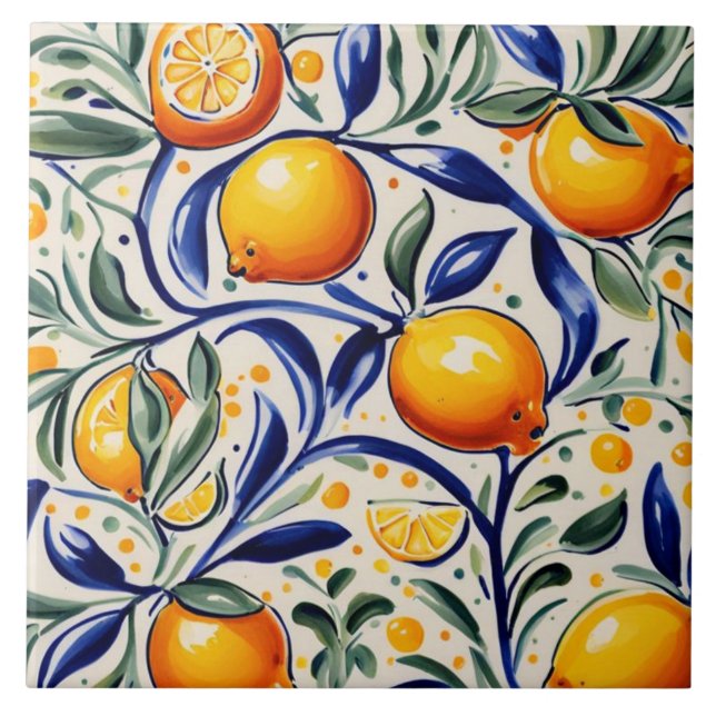 Summery Mediterranean Italian Lemon pattern Ceramic Tile (Front)