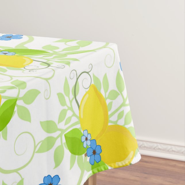 Summery White and Yellow Lemons Floral Pattern Tablecloth (In Situ)