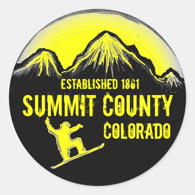 Summit County Colorado yellow snowboard stickers (Front)