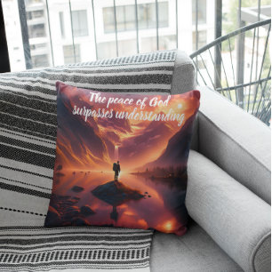 Summit Serenity: Man Overlooking Mountain Lake Cushion