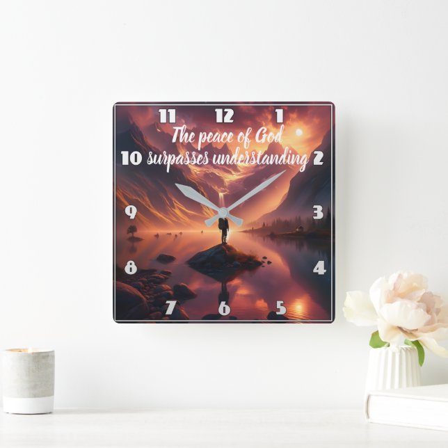 Summit Serenity: Man Overlooking Mountain Lake Square Wall Clock (Home)