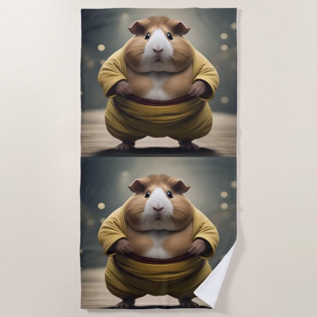 "Sumo Squeakdown: The Mighty Guinea Pig Wrestler" Beach Towel (Front)