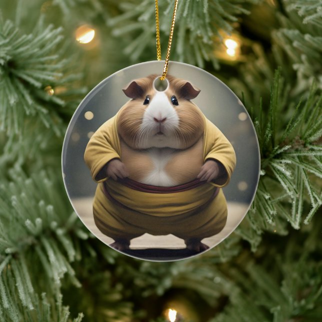 "Sumo Squeakdown: The Mighty Guinea Pig Wrestler" Ceramic Ornament (Tree)