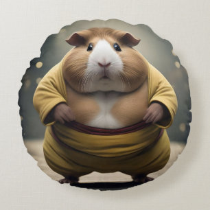 "Sumo Squeakdown: The Mighty Guinea Pig Wrestler" Round Cushion