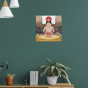 Sumo wrestler in dohy japanese flag poster