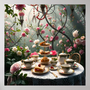 Sumptuous Afternoon Tea Setup In Garden Poster
