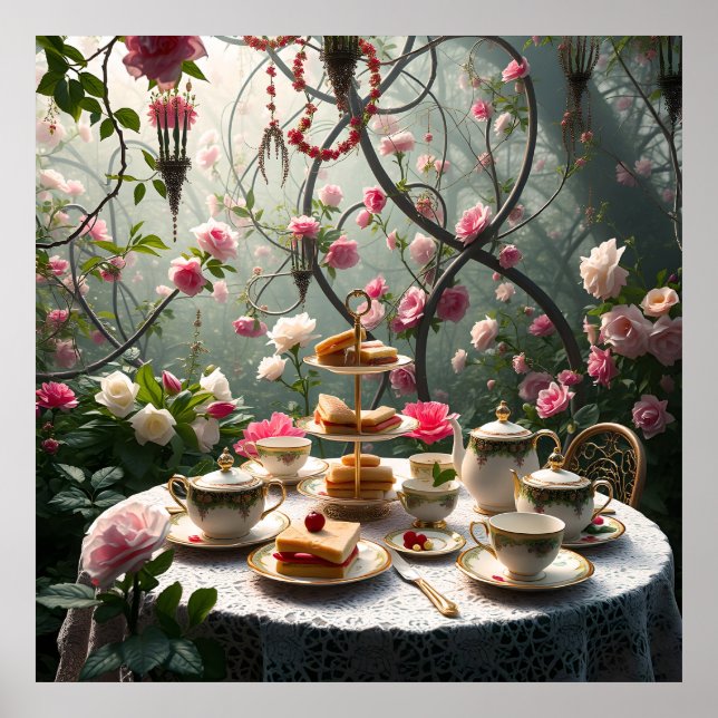Sumptuous Afternoon Tea Setup In Garden Poster (Front)