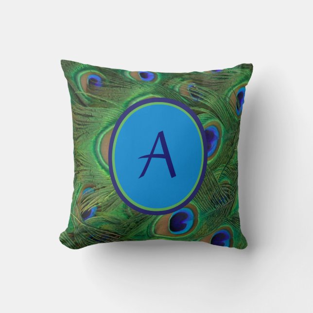Sumptuous Peacock Feathers Monogram Throw Pillow (Front)