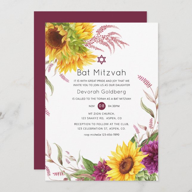 Sun and Burgundy Plum Floral Bat Mitzvah Invitation (Front/Back)