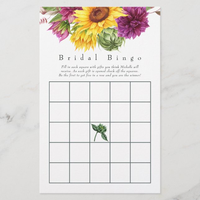 Sun and Burgundy Plum Floral Bridal Shower Bingo (Front)