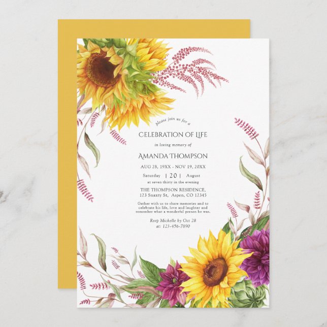 Sun and Burgundy Plum Floral Celebration of Life Invitation (Front/Back)