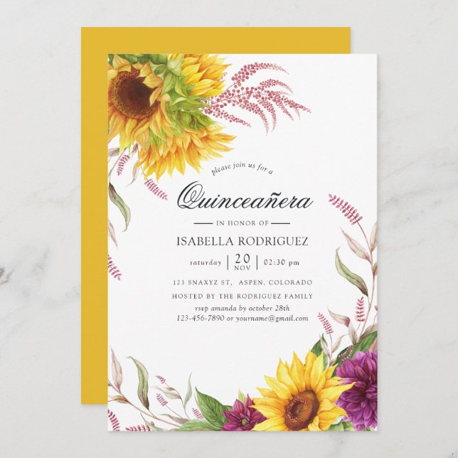 Sun and Burgundy Plum Floral Quinceañera Invitation (Front/Back)