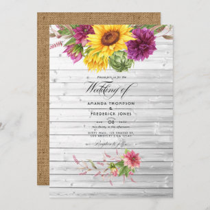 Sun and Burgundy Plum Floral Rustic Wedding Photo Invitation