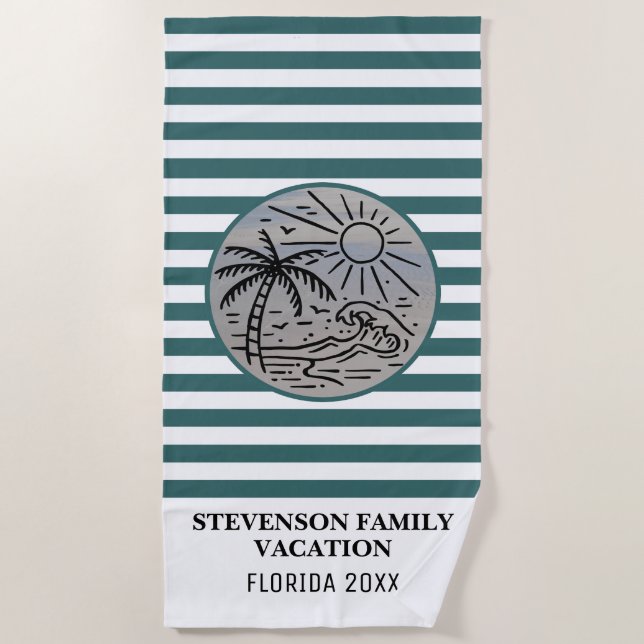 Sun and Fun Family Vacation Palm Tree Striped Beach Towel (Front)