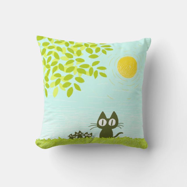 Sun and Leaves and Black Cat Cushion (Front)