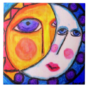 Sun and Moon Abstract Art Ceramic Tile