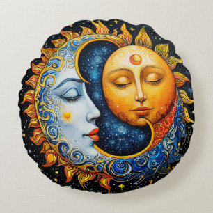 Sun and Moon Artistic Illustration Round Cushion