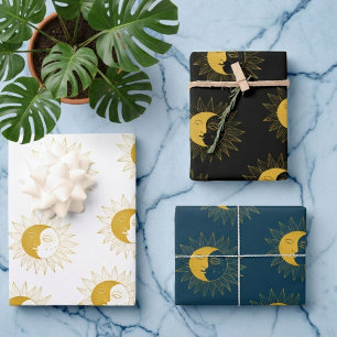 Sun and Moon Boho Line Art Golden Variety Pack  Wrapping Paper Sheet