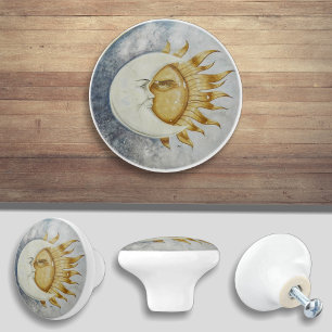 Sun and Moon Celestial Design Ceramic Knob