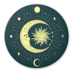 Sun and moon celestial design with moon phases ceramic knob