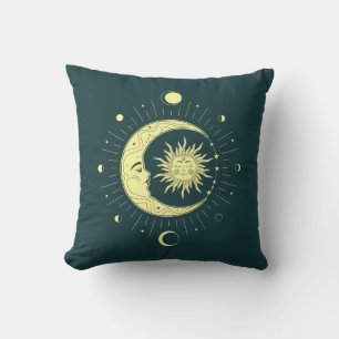 Sun and moon celestial design with moon phases cushion