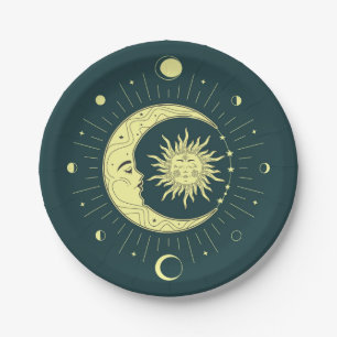 Sun and moon celestial design with moon phases paper plate