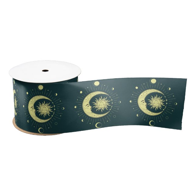 Sun and moon celestial design with moon phases satin ribbon (Spool)
