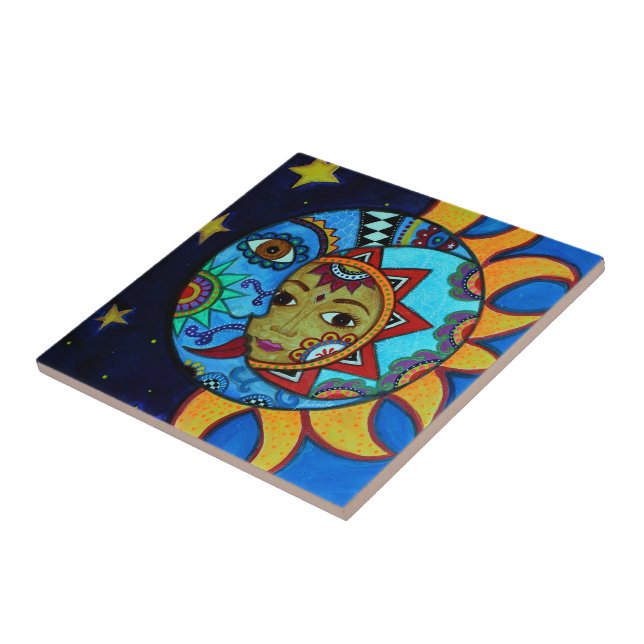 SUN AND MOON COUPLE WHIMSICAL PAINTING CERAMIC TILE (Side)