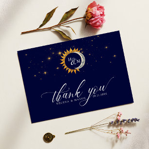 Sun and Moon Elegant Monogram Navy Blue Thank You Card