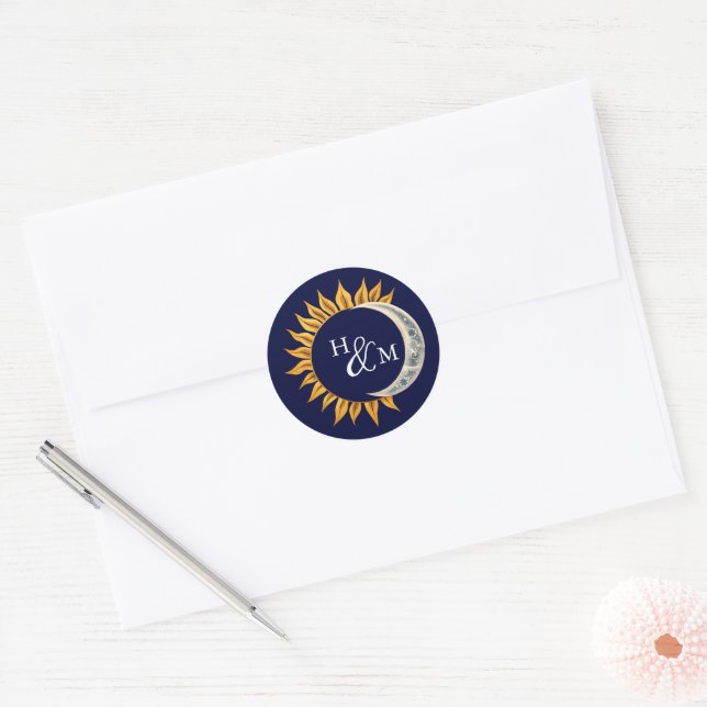 Sun and Moon Elegant Monogram Wedding Classic Round Sticker (Envelope)