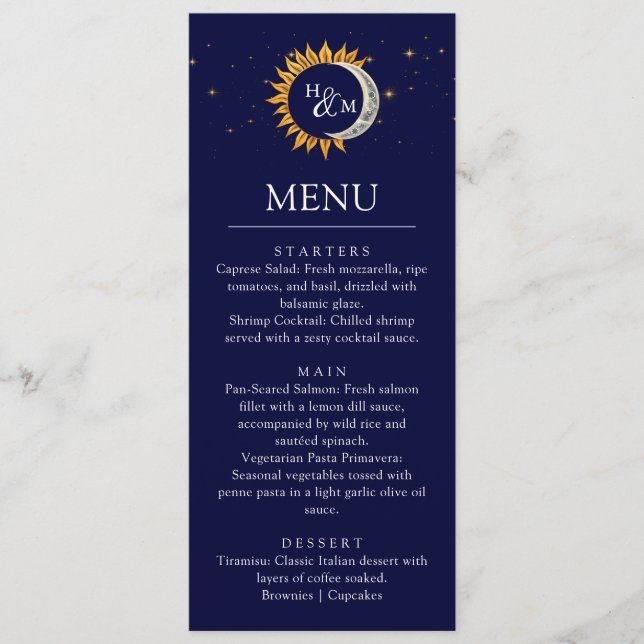Sun and Moon Elegant Monogram Wedding Dinner Menu (Front)