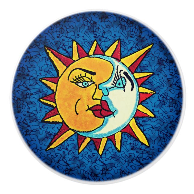 Sun and Moon Faces Mexican Style Ceramic Knob (Front)