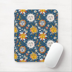 Sun and Moon Floral in Blues & Yellows Mouse Pad