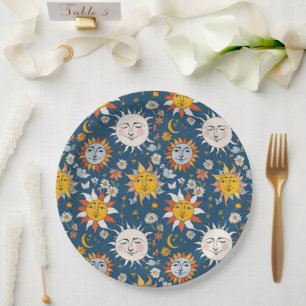 Sun and Moon Floral in Blues & Yellows Paper Plate