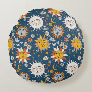 Sun and Moon Floral in Blues & Yellows Round Cushion