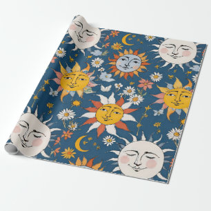 Sun and Moon Floral in Blues & Yellows Wrapping Paper