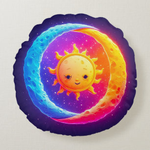 Sun and Moon in Stellar Harmony Whimsical Round Cushion
