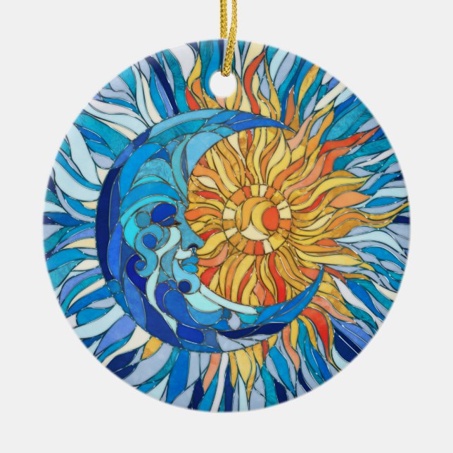 Sun and Moon Mosaic Art Ceramic Ornament (Front)